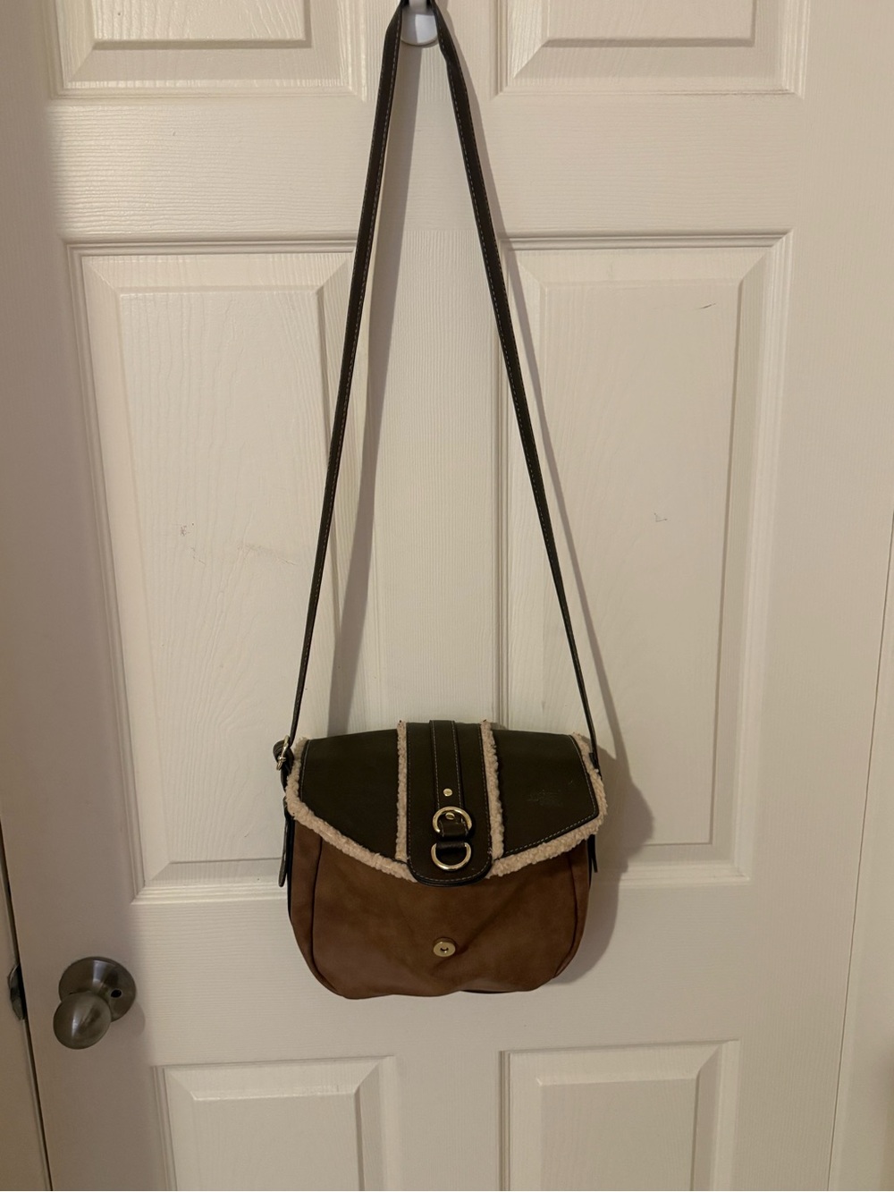 Brown & cream Crossbody Saddle Bag with Shearling Trim